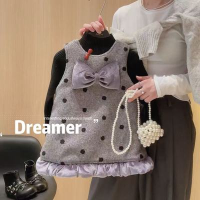 女童洋气圆点加棉加厚背心拼接连衣裙2025冬季新款AWB033鱼