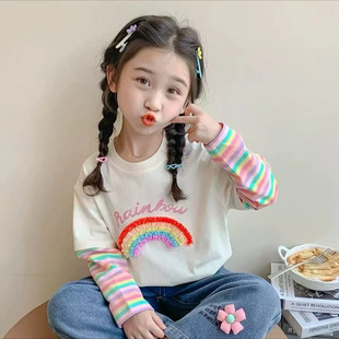 女童欧若风毛巾绣长袖 打底衫 2026春款 朵儿085 T恤拼接条纹袖