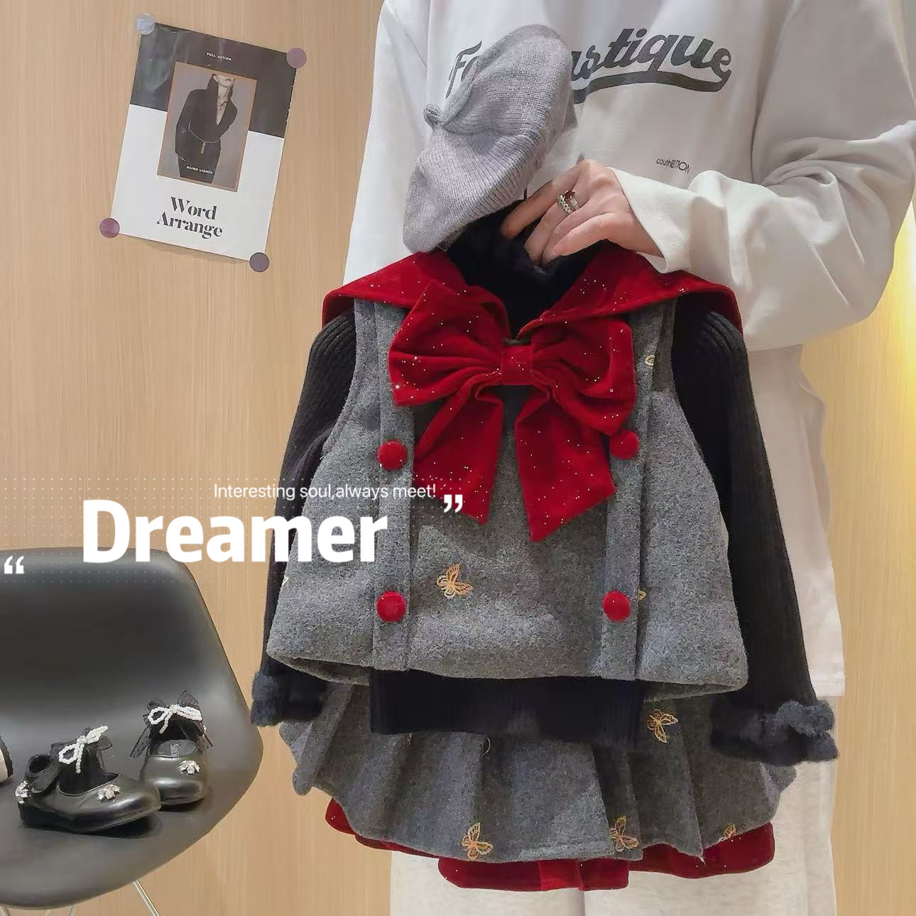 女童蝴蝶结加绒毛呢背心拼接百褶裙套装2025冬季新款DS20029嘉