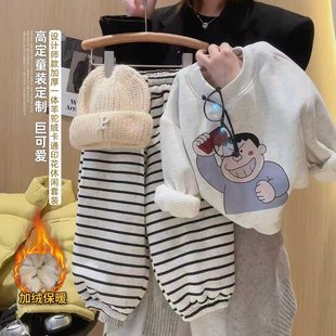 新款 2025冬季 MLD0182麦 套装 女童卡通可爱加绒加厚卫衣条纹裤