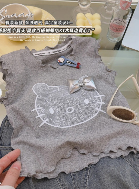 女童韩版卡通萌趣小猫无袖T恤可爱上衣2026夏季新款SF092柚