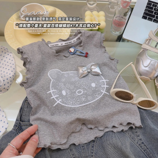 新款 T恤可爱上衣2026夏季 SF092柚 卡通萌趣小猫无袖 女童韩版