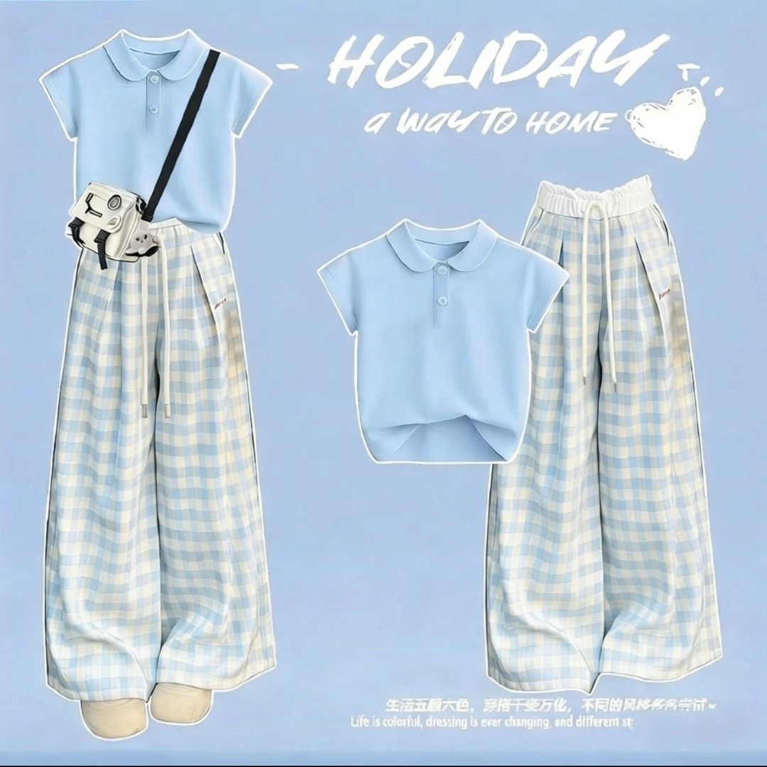 女童清新风翻领T恤格子阔腿裤亲子套装2026夏季新款DBN011呗