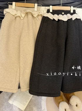 女童蕾丝拼接一体绒阔腿糯米裤直筒裤2025冬季新款YAN019焉