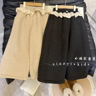 新款 2025冬季 YAN019焉 直筒裤 女童蕾丝拼接一体绒阔腿糯米裤