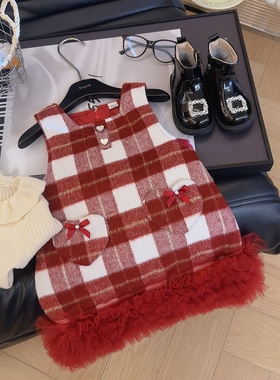 佑琦恩女童小香风格子爱心拼接网纱加绒连衣裙2025冬新款AWB097鱼