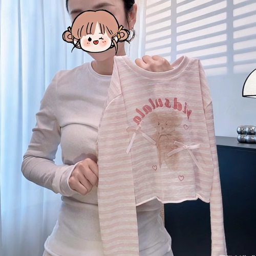 【现】女童条纹小熊蝴蝶结蓝色条纹罩衫打底上衣2026夏KD款KD009