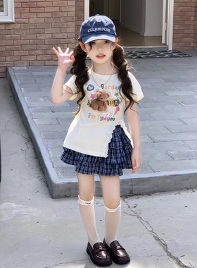 女童小熊印花开叉短袖格子百褶裙套装2026夏款DDL004/05/06荳