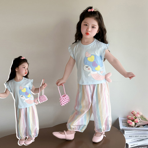 女童可爱美人鱼t恤彩虹条纹防蚊裤两件套2026夏季新款YN001芋