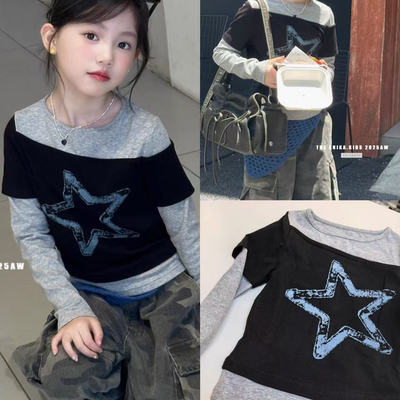 女童潮流炸街假两件宝宝打底洋气圆领上衣2025秋季新款朵儿064