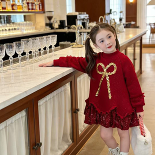 女童拜年服红色亮片加绒拼接卫衣连衣裙2025冬季新款YI022毅