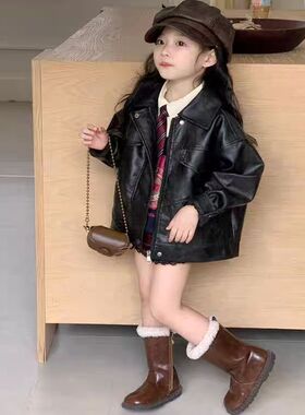 女童炸街皮衣假两件字母卫衣蛋糕裙三件套2026春季新款BUU009觅