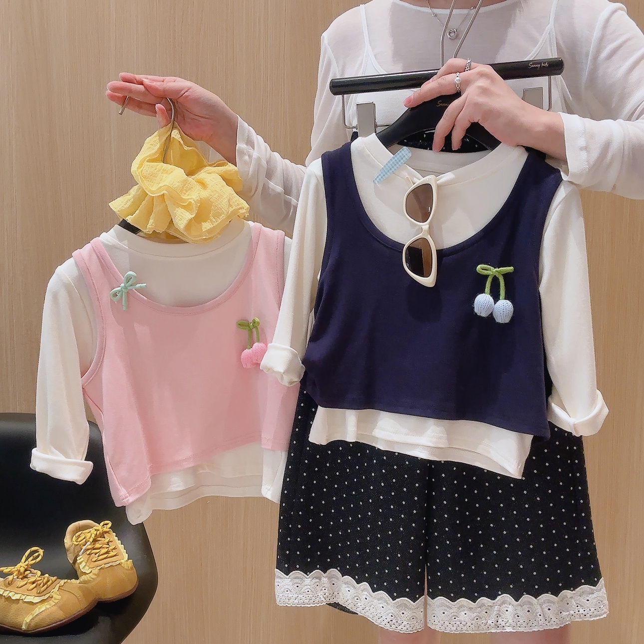 女童立体小樱桃背心长袖打底衫真两件T恤2025秋季新款ZX002番