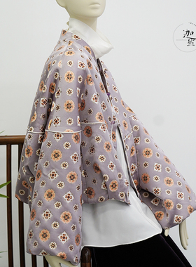 100%桑蚕丝三马宋锦紫色地小团花立体伞状泡泡袖新中式春秋外套新