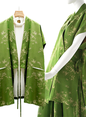 香云纱新中式宽松飘逸系带款高开衩秋香绿玉竹熊猫纹半袖开衫上衣