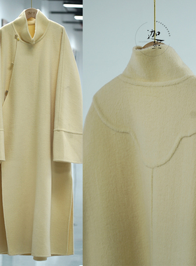 100%羊毛双面呢鹅黄色新中式长款飘带立领连袖平裁宽松设计感大衣
