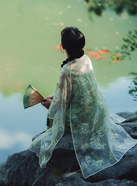 【长亭十里】真丝绡绣花新中式淡禄色薄透高开衩夏季新款长衫长裙