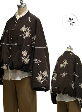 珠绣大地色系棕咖色中式立领泡泡袖加厚秋冬棉服冬季新款原创国风