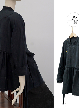 100%亚麻新中式原创系带飘带长袖斜襟国风侘寂风黑色春秋新款上衣