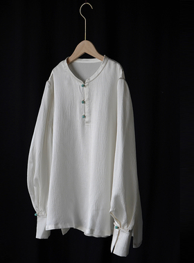 新中式桑蚕丝国风百搭基础款泡泡袖春夏宽松款中式衬衫