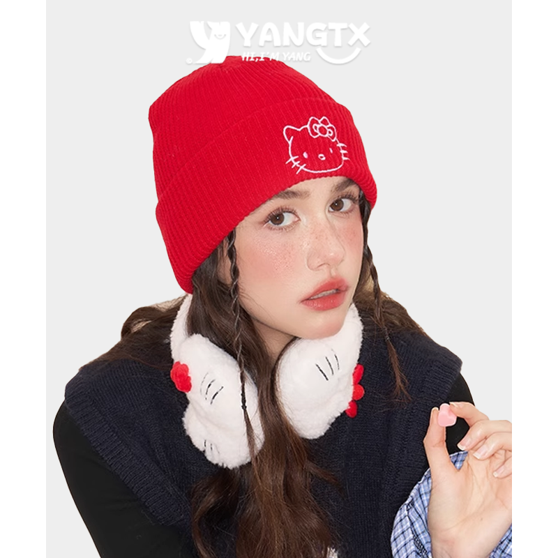 【杨同学】红色针织帽子女冬季新款加厚保暖可爱毛线帽子耳罩套装