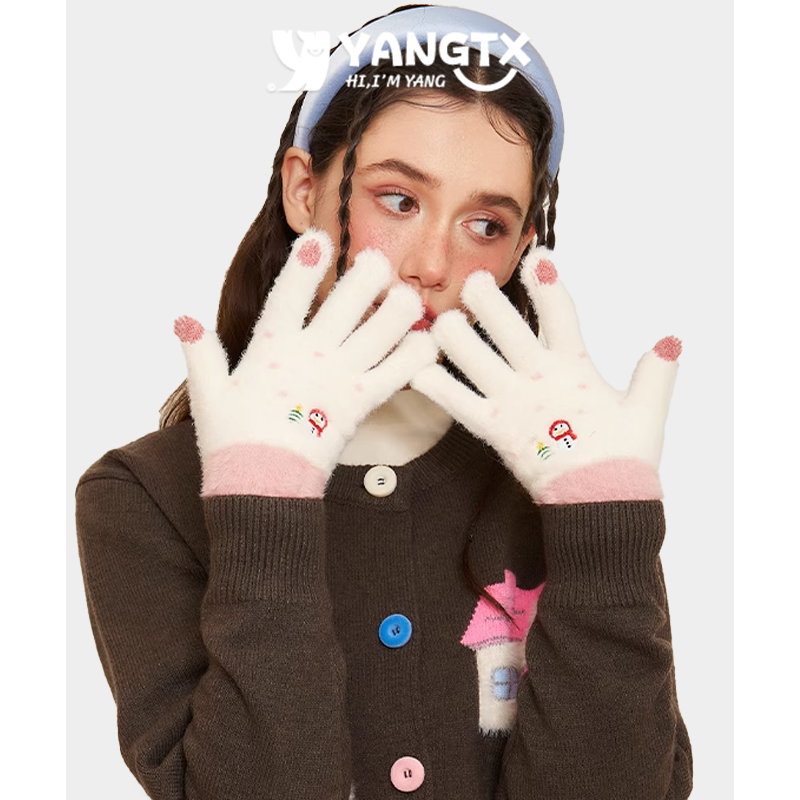 【杨同学】手套女秋冬季2025新款加厚保暖可爱露指可触屏毛绒针织