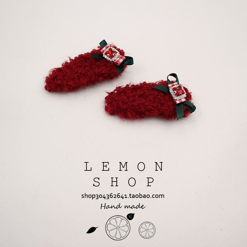 毛线发夹红色蝴蝶结水钻边夹bb夹秋冬新款新年头饰发卡高级感饰品