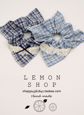 蓝色格子蕾丝蝴蝶结方巾大肠发圈女韩版学院风扎马尾方形头绳发绳