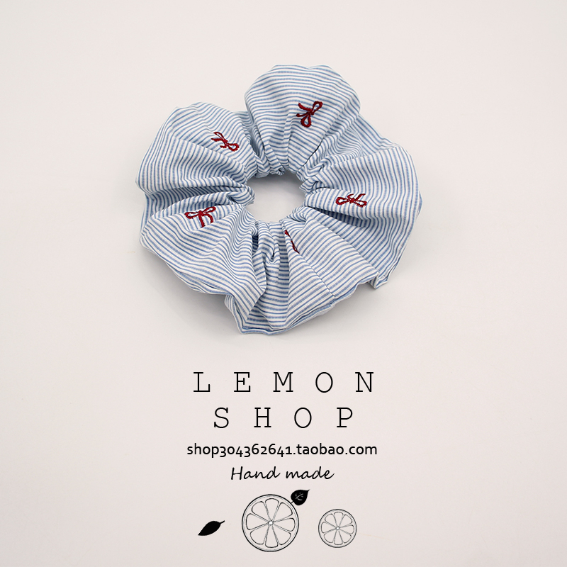 韩国网红新款刺绣樱桃蓝色条纹大号大肠发圈甜美可爱少女头饰发饰
