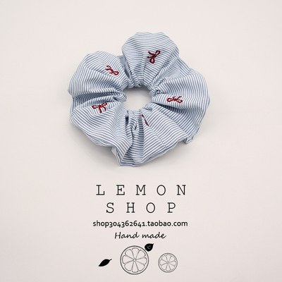 韩国网红新款刺绣樱桃蓝色条纹大号大肠发圈甜美可爱少女头饰发饰