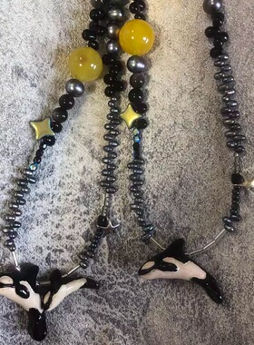 原创陶瓷琉璃串珠虎鲸项链设计感