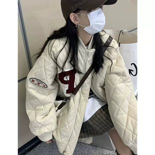 加厚棉服棒球服外套女2022新款 胖妹妹秋冬季 菱格长袖 宽松夹克上衣