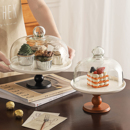 中古风实木高脚水果盘茶点盘带盖高级感陶瓷甜品盘蛋糕托盘展示架