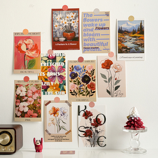 美式 饰贴纸 ins风花卉插画卡片墙贴复古房间卧室改造背景墙面装