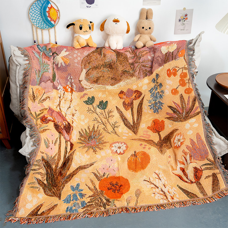 卡通猫咪复古沙发毯子沙发垫子2026新款四季通用客厅地毯午睡盖毯