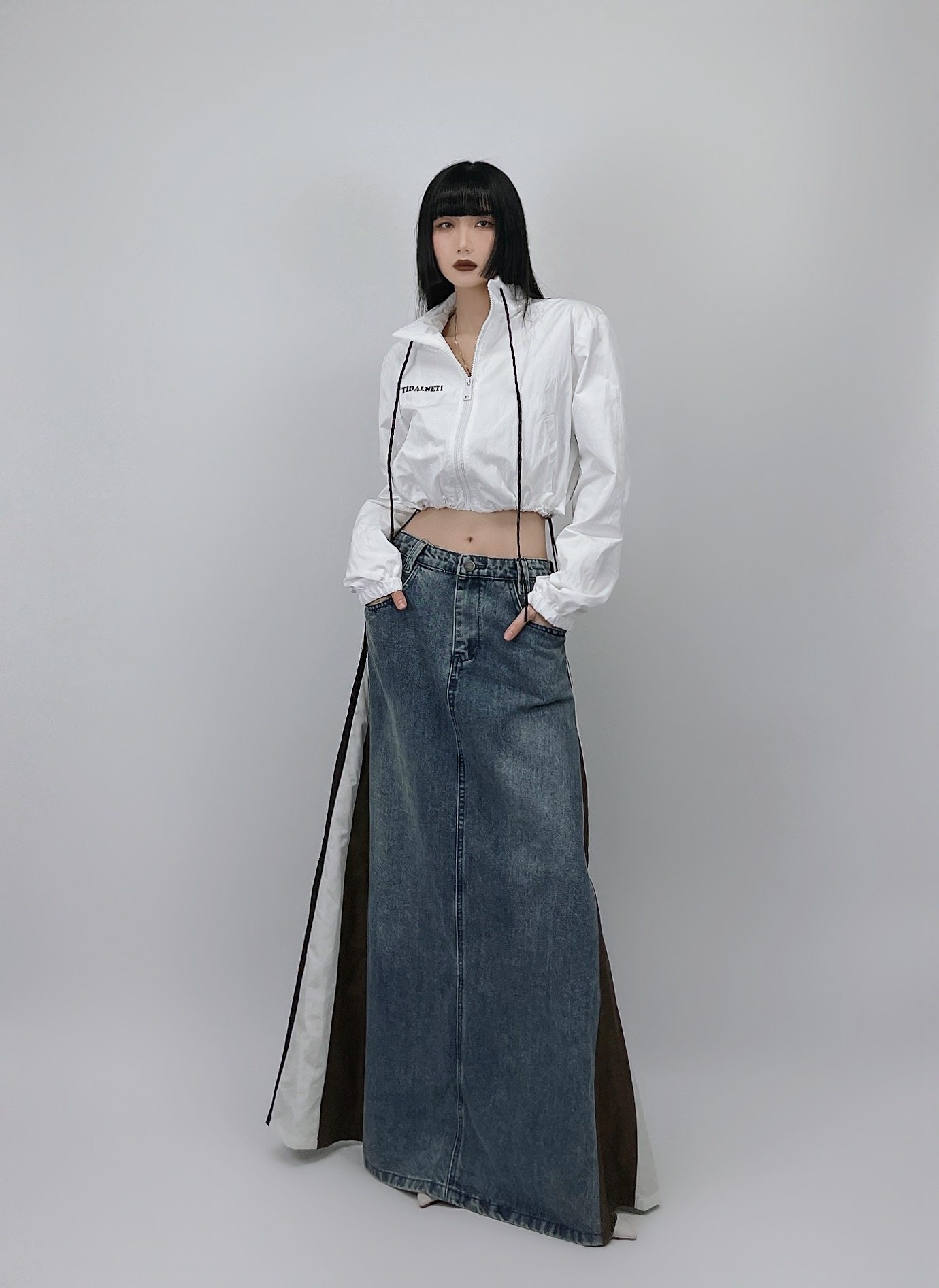 SHUISHUI美式街头撞色拼接牛仔半身裙女小众设计感宽松运动风长裙