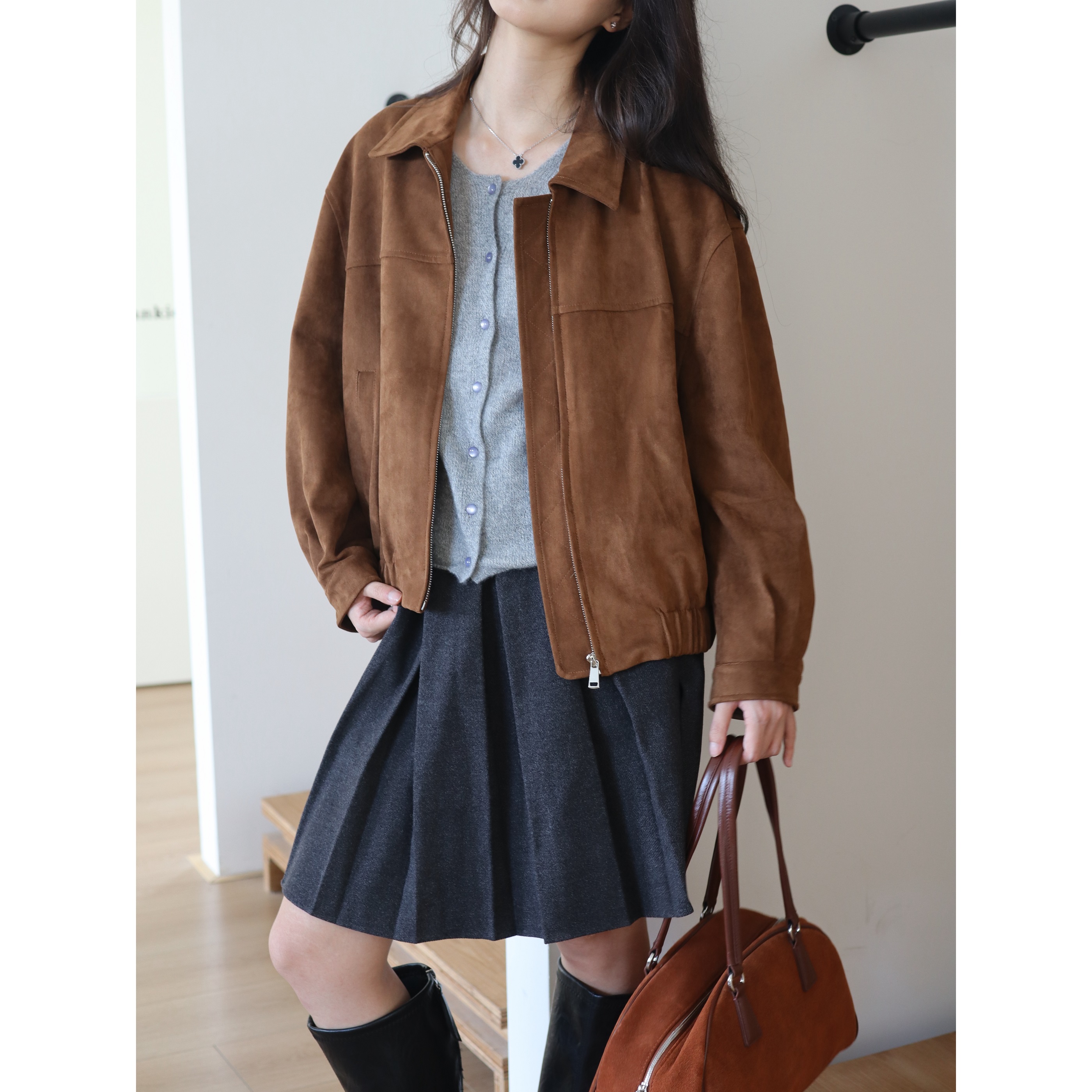 西田设｜复古美拉德鹿皮绒棕色短外套女秋2025新款设计感拉链上衣