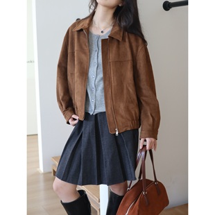 西田设｜复古美拉德鹿皮绒棕色短外套女秋2025新款设计感拉链上衣