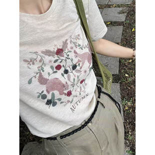 【天丝】法式休闲松鼠印花秀珠T恤百搭圆领短袖上衣女