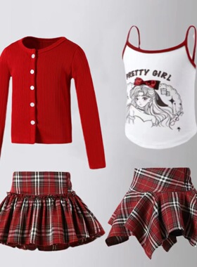 女童小辣妹短裙学院风红色格子纹半身裙裤jk千禧百褶裙中大童网红