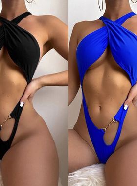 Insi智仙生交叉宝蓝色比基尼挂脖金属设计欧美风大牌泳装新品