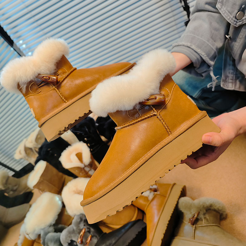 厚底雪地靴棉鞋短靴冬季牛角扣