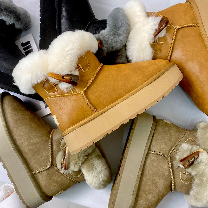 防水短靴雪地靴冬季牛角扣