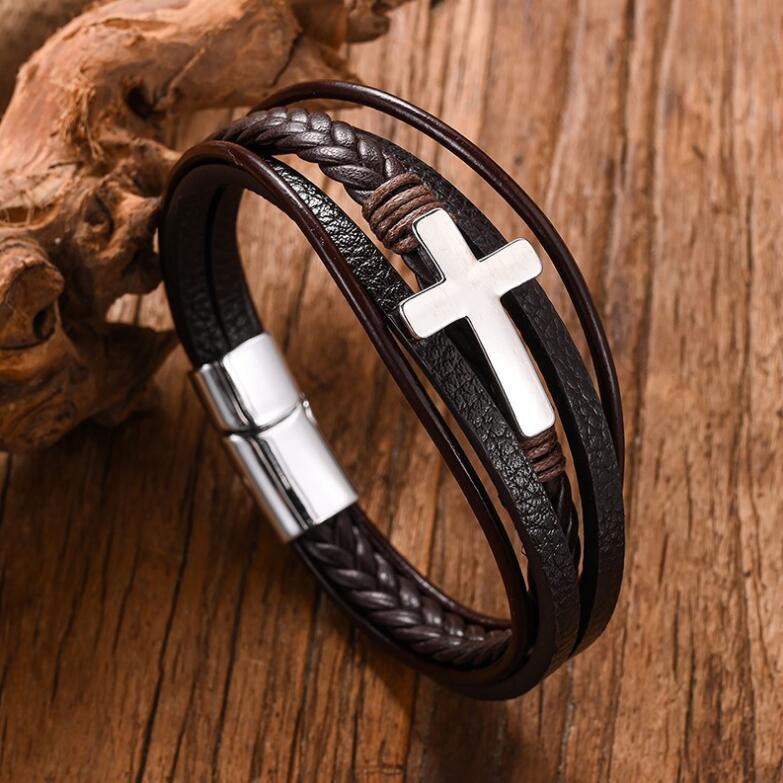 跨境手工编织皮革十字架手链磁扣多层手镯男士合金饰品欧美复古潮