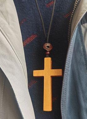 如意珠绳手工桃木十字架吊坠项链毛衣链挂件情侣饰品平安祈祷告新