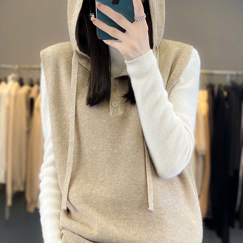 秋冬连帽针织衫马甲女外搭抽绳慵懒套头毛衣坎肩无袖背心叠1006r