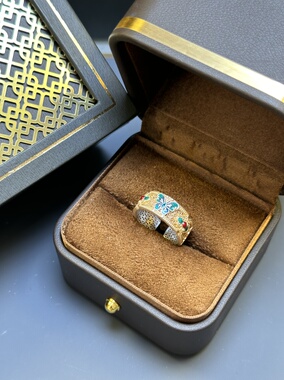 足银9999珐琅彩描金蝴蝶戒指镂空花丝银戒指文艺复古女手饰