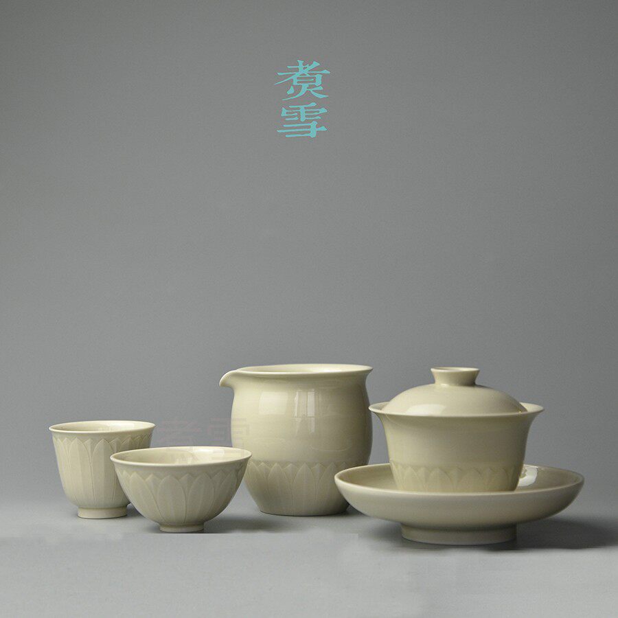 煮雪定瓷原矿釉精品牙白釉全手清莲莲瓣盖碗套装系列定窑茶具预订