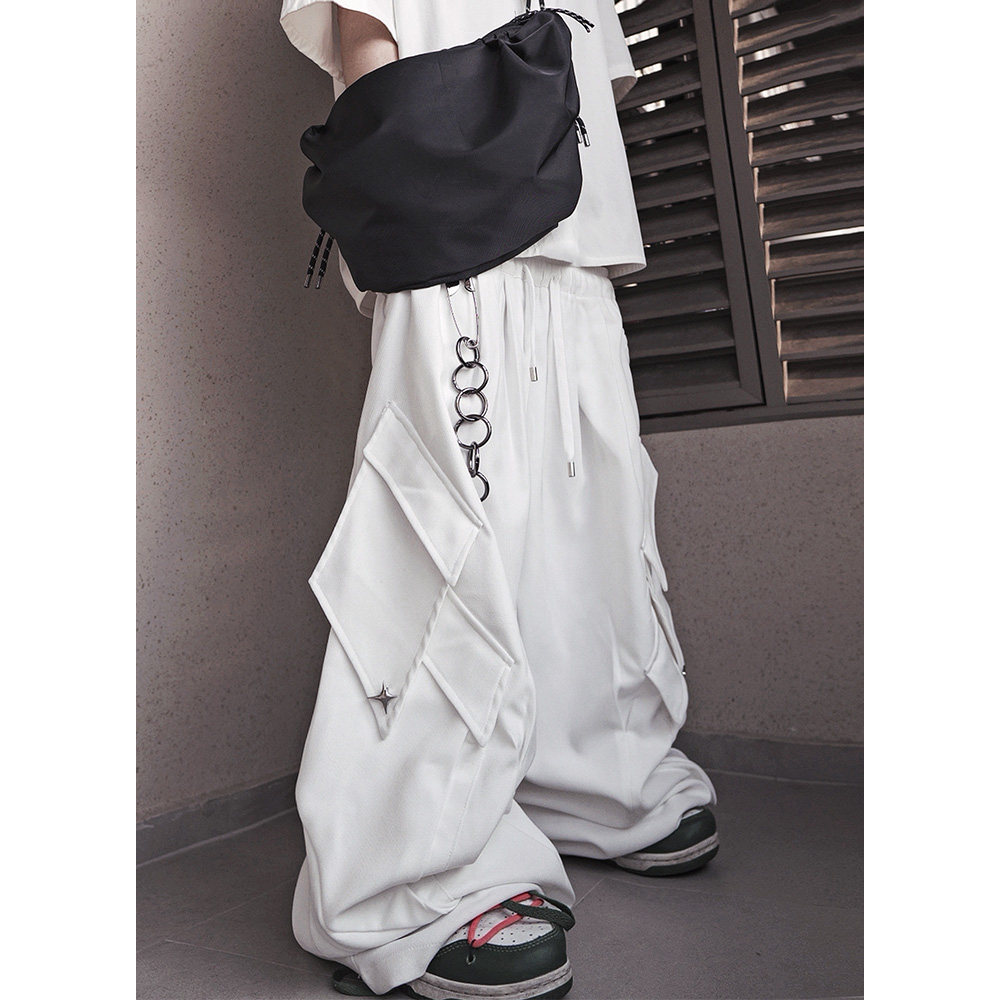 UUCSCC潮牌高街阔腿拖地长裤嘻哈宽松多口袋设计感工装白色休闲裤,男装,休闲裤,淘宝优惠券,粉丝福利购,淘宝优惠卷