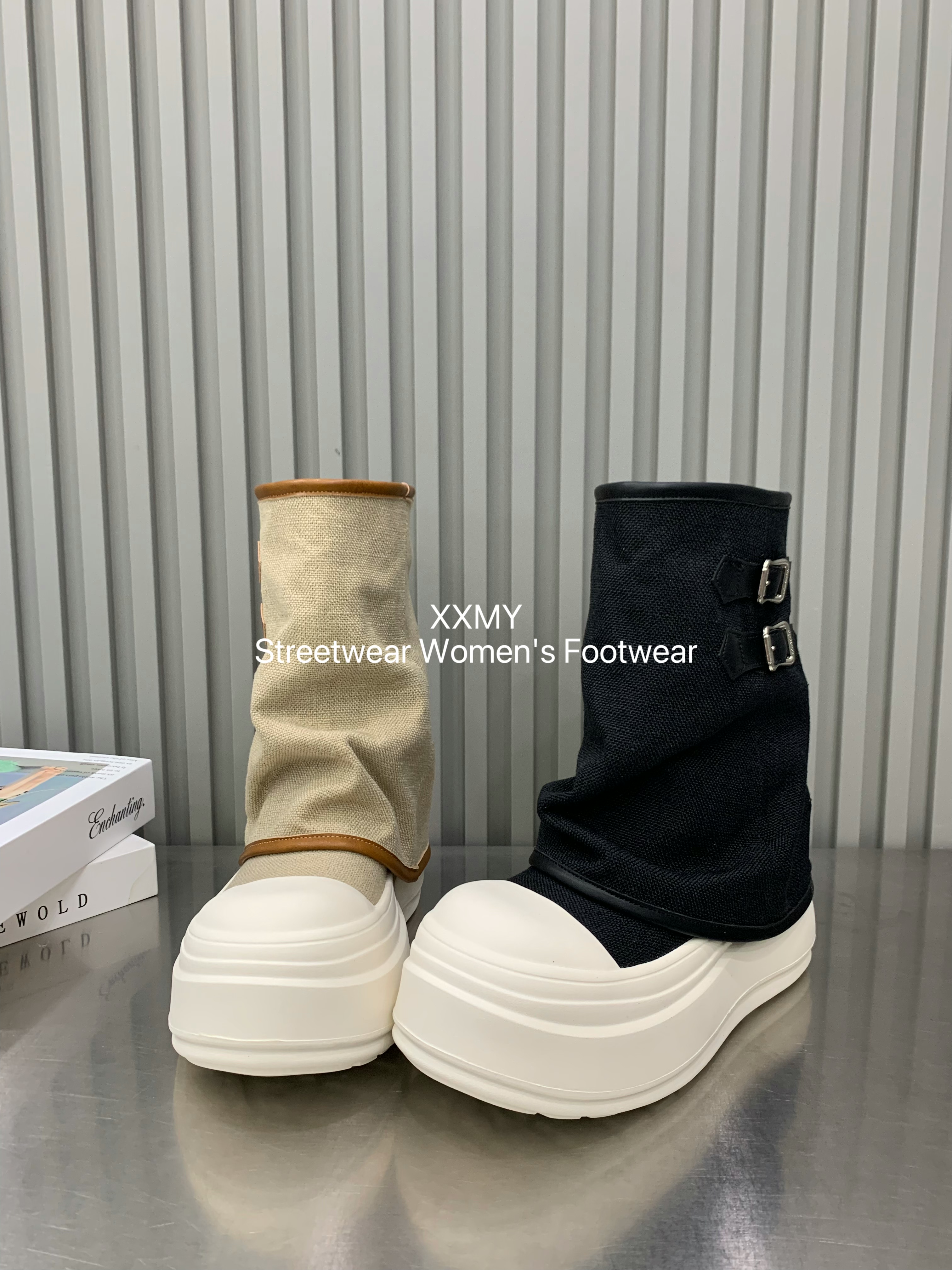 帆布堆堆靴子女小个子增高厚底松糕大头中筒靴双扣机车工装裤管靴